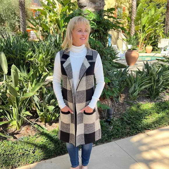 Open Front Plaid Long Cardigan Vest Heathered Black & Oatmeal Color With Pockets - Picture 1 of 10